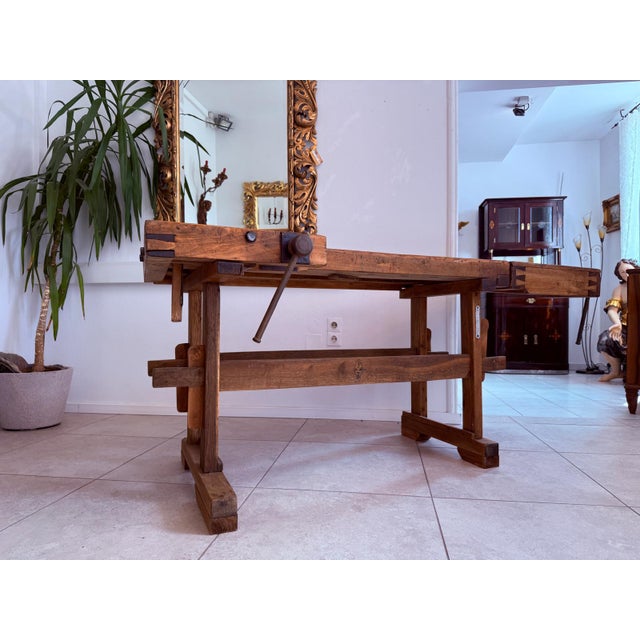 Restored antique workbench, designer bench, German spindle. Dimensions: Height x Width x Depth 83 x 198 x 87 cm. Original,...