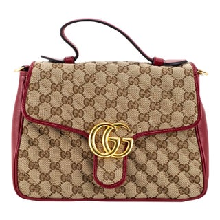 Gucci Gg Marmont Mini Beige Gg Canvas Red Leather Top Handle Bag For Sale