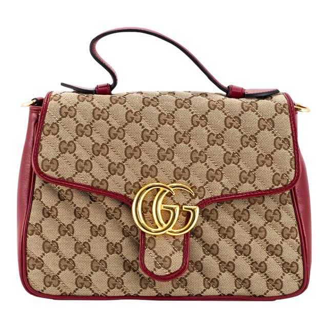 Gucci Gg Marmont Mini Beige Gg Canvas Red Leather Top Handle Bag For Sale