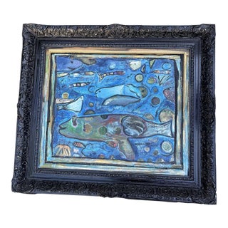 “We Can Do Anything” Original Contemporary Abstract Fish Painting by Cheryl Fudge in Ornate Vintage Frame For Sale