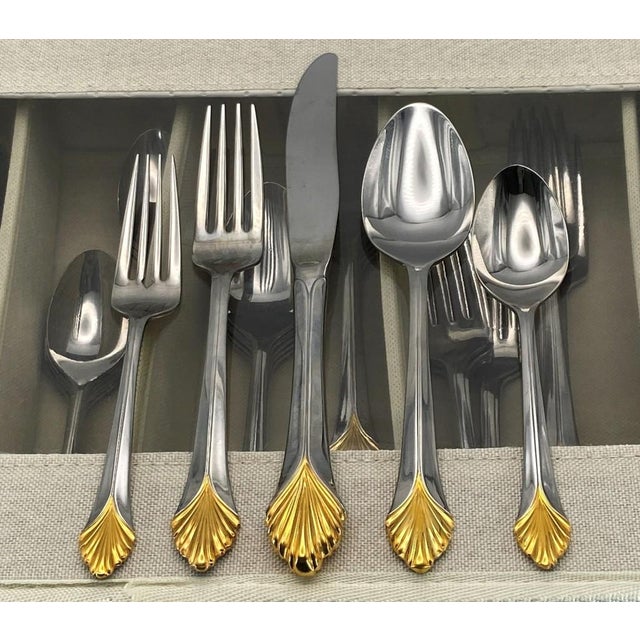 Yamazaki "Monique Gold" Gold Accent Stainless Flatware Set - 61 Pieces (Service for 12 With Storage Case) Vintage 1980's/1990's For Sale - Image 17 of 18