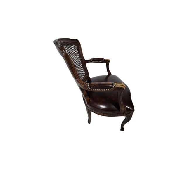French Late 20th Century Pair of French Style Caned Armchairs With Leather Seats For Sale - Image 3 of 6