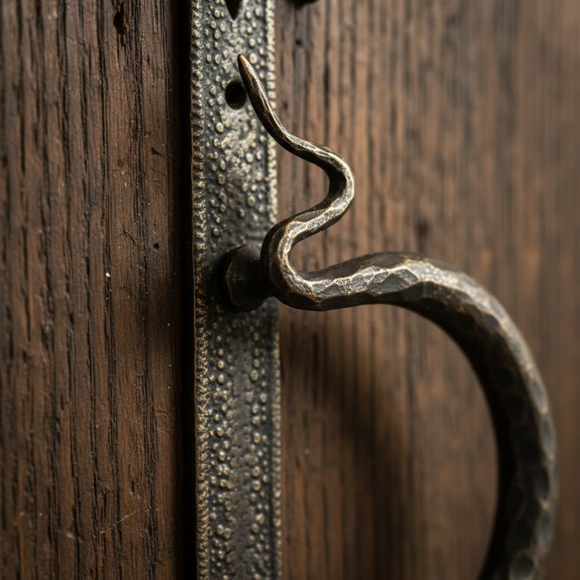 Gothic Hand-Forged Wrought Iron Door Pull (Gold Patina) Medieval D-Handle Statement Hardware For Sale - Image 3 of 4