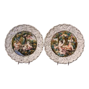Pair of 20th Century Italian Hand-Painted Porcelain Capodimonte Wall Platters