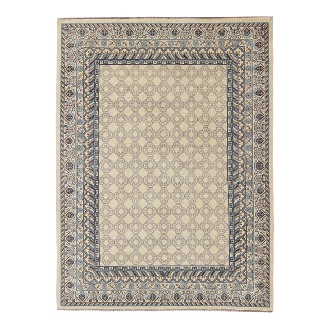 Contemporary Khotan With Geometric Design in Blue, Brown & Cream Colors 9'8 X 12'11 For Sale