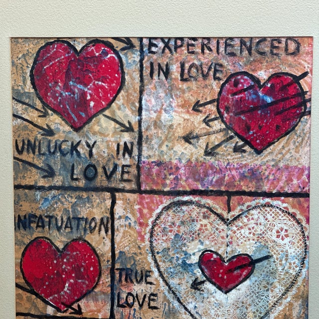 Mid-Century Modern Vintage Love! Love! Love! Acrylic Painting by m.e. Harston in Original Frame For Sale - Image 3 of 12