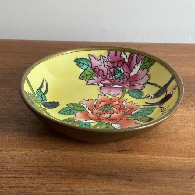 Lovely Chinese export porcelain peony flower small dish, set in brass. Pretty yellow ground with purple and orange...