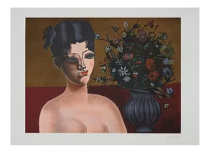 Franco Gentilini, Girl With Flowers Vase, Photolithograph, 1980s