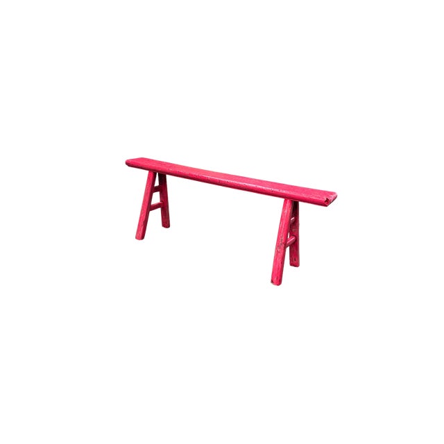 Rustic Bright Pink Wood Grain Rectangle Long Slim Stool Bench Side Table For Sale - Image 3 of 10