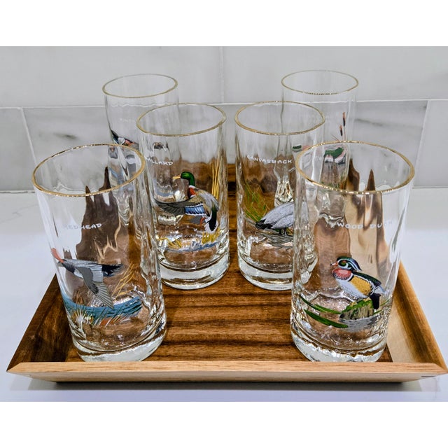 Mid-Century Modern Vintage Ned Smith Waterfowl Series Highball Glasses Set of 6 - 22k Gold Rim Crinkle Textured For Sale - Image 3 of 13