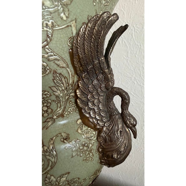 Late 20th Century Vintage Hua Rong Tang Zhi Bronze Mounted Sage Green Crackle Porcelain Urn Vase For Sale - Image 5 of 12