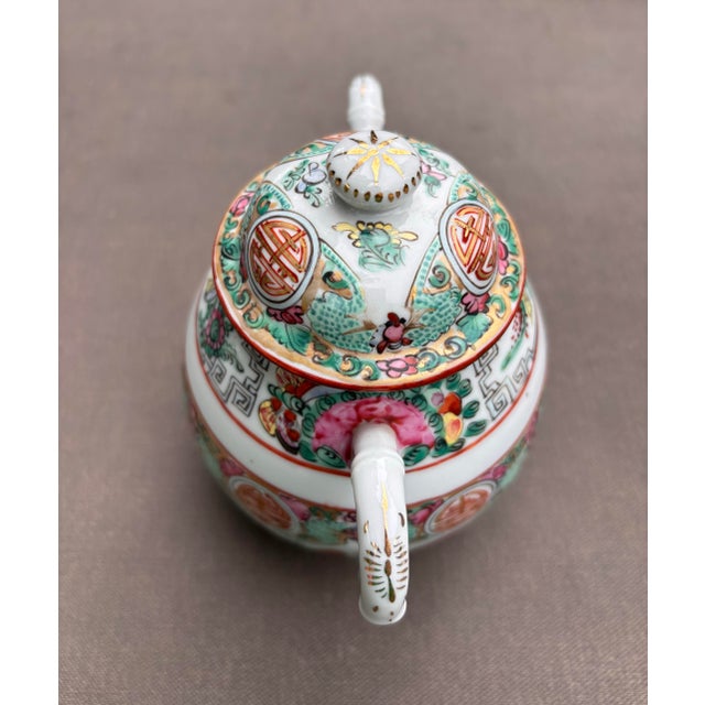 Pink Vintage Chinese Export Famille Rose Medallion Canton Porcelain Tea Service | 11 Piece Hand-Painted Teapot Set With Cups, Creamer & Covered Bowls For Sale - Image 8 of 12