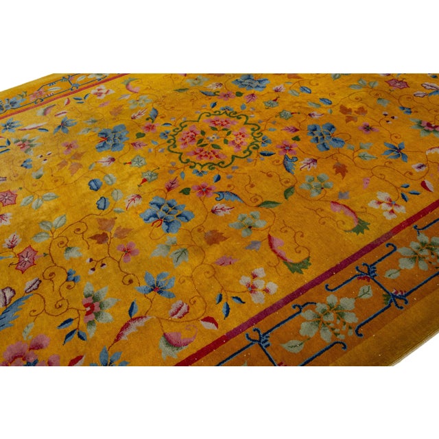 1920s Antique 1920s Chinese Art Deco Rug in Goldenrod With Floral Motif For Sale - Image 5 of 10
