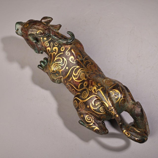 Early 20th Century Antique Gilt Bronze Mythical Beast Sculpture – 9.4" Gold Inlaid Guardian Figure For Sale - Image 5 of 9