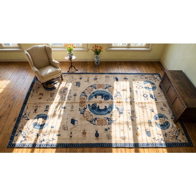 Textile 1850s White Cream Medallion Handknotted Antique Chinese Ningxia Rug 8' 2" X 17' 6" Wool Carpet For Sale - Image 7 of 9