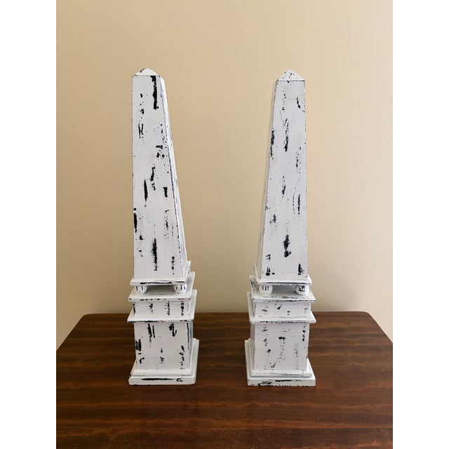 Late 20th Century Pair of Distressed White Wooden Obelisks With Architectural Form For Sale - Image 4 of 7