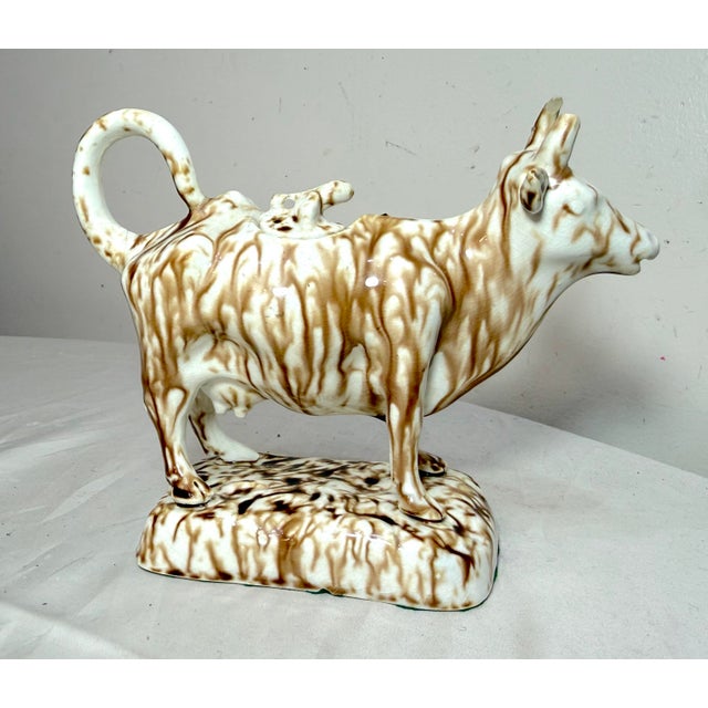 Figurative Antique Staffordshire Pottery Brown Drip Glaze Figural Cow Creamer For Sale - Image 3 of 15