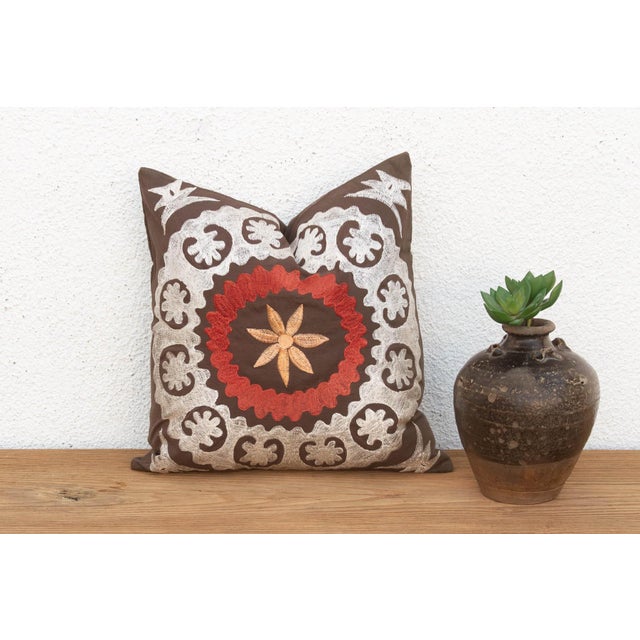 Brown 16" Sq Embroidered Palmette Suzani Pillow Cover For Sale - Image 8 of 8