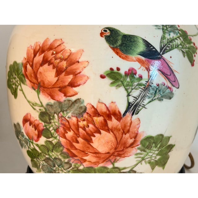 Green Pair of Chinese Famille Rose Chinoiserie Porcelain Handpainted Ginger Jar Table Lamps, Pink and Green Floral With Birds and Calligraphy For Sale - Image 8 of 18