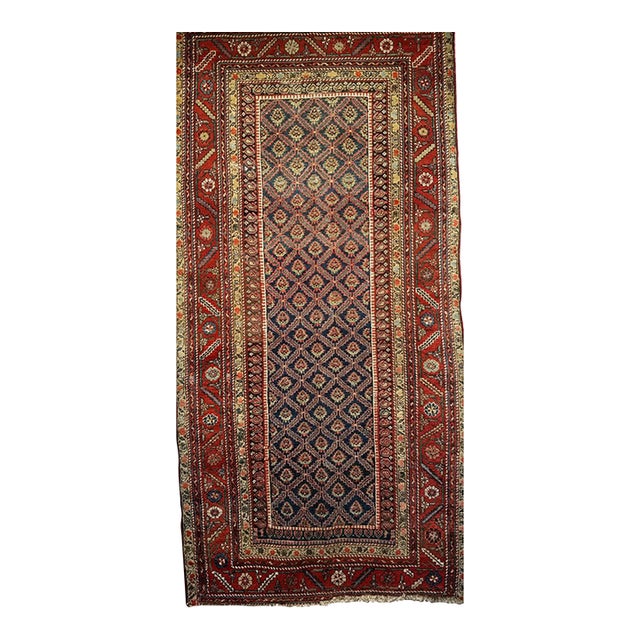 19th Century Persian Kurdish Gallery Rug, Hand-Knotted Wool, Allover Paisley Design, Navy & Red, 5x9 For Sale