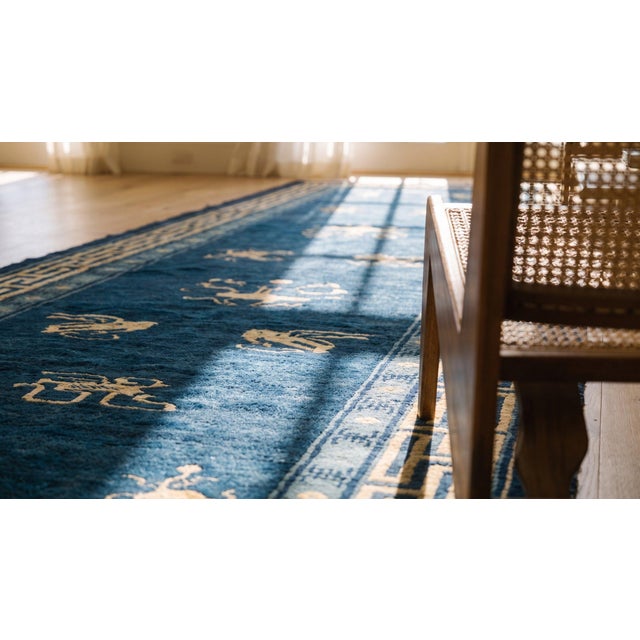 Textile Lovely Small Asymmetric Detail on Navy Background Color Antique Chinese Peking Rug For Sale - Image 7 of 9