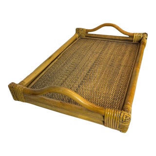Vintage Bamboo and Rattan Tray With Handles For Sale
