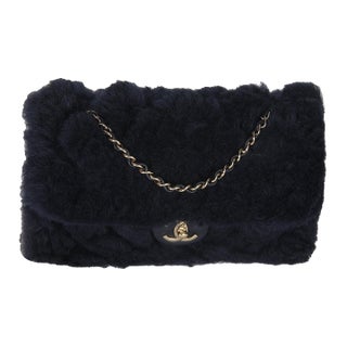 Navy Shearling Quilted Lambskin Medium Flap Bag For Sale