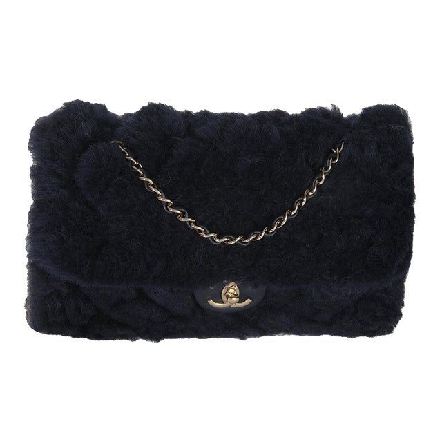 Navy Shearling Quilted Lambskin Medium Flap Bag For Sale