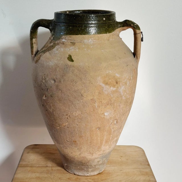 Antique 19th Century French Terra-cotta Olive Jar in Green Glaze with Two Handles Measures approx: 18.5 x 12.5 Please...