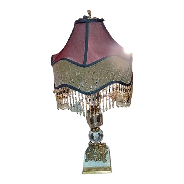 1950s Crystal and Bronze and Marble Lamp With Crystal Lamp Shade For Sale