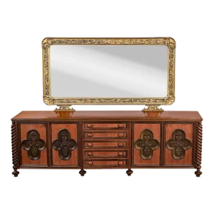 1960’s Italian Gothic Revival Monumental Sideboard With Plastic Accents & Large Gilded Mirror
