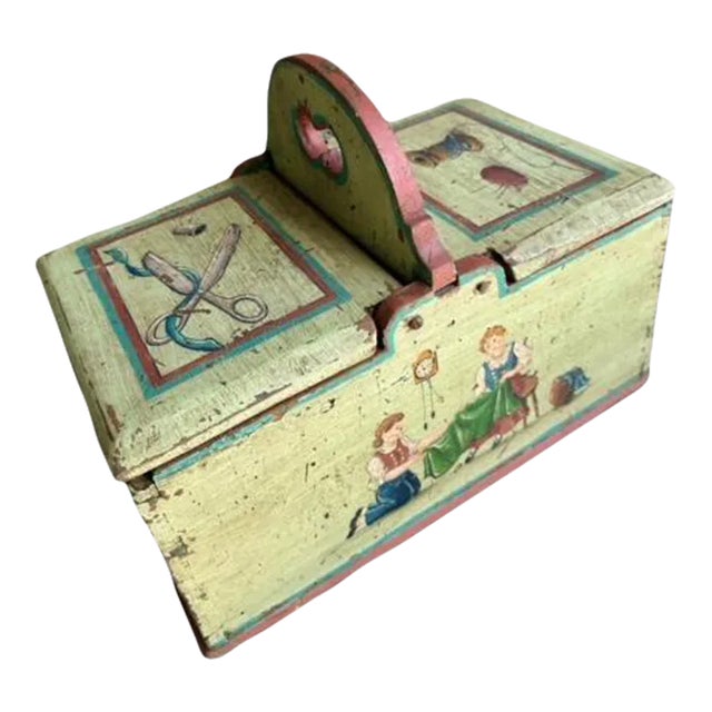 Early 1900s Painted Sewing Box Mountain Chalet Decor For Sale