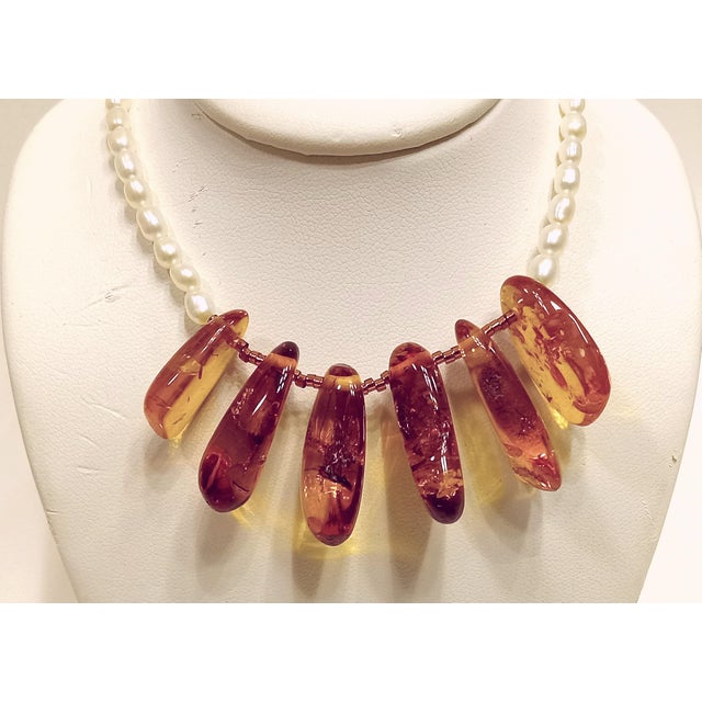 Metal Contemporary Baltic Amber and Cultured Freshwater Pearl Necklace With 14k Gold Clasp For Sale - Image 7 of 10