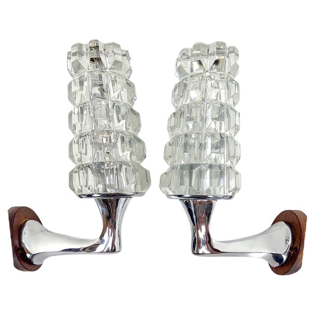Brutalist Torchiere Wall Lights in Glass with Nickel Frames in the style of Kinkeldey, 1960s, Set of 2 For Sale