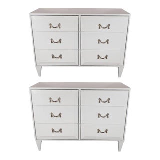 Pair of Hollywood Regency White Lacquer Chests With Nickeled Pulls by Charak Modern For Sale