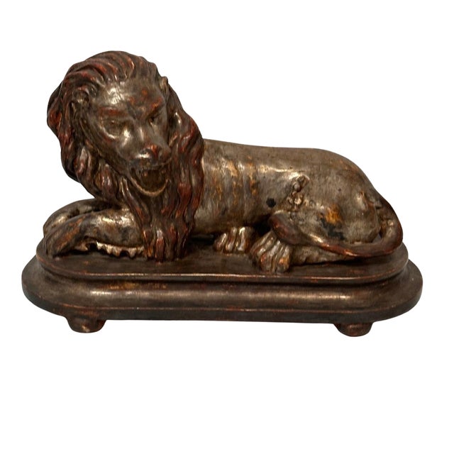 Silver Gilded Reclining Lion Sculpture For Sale
