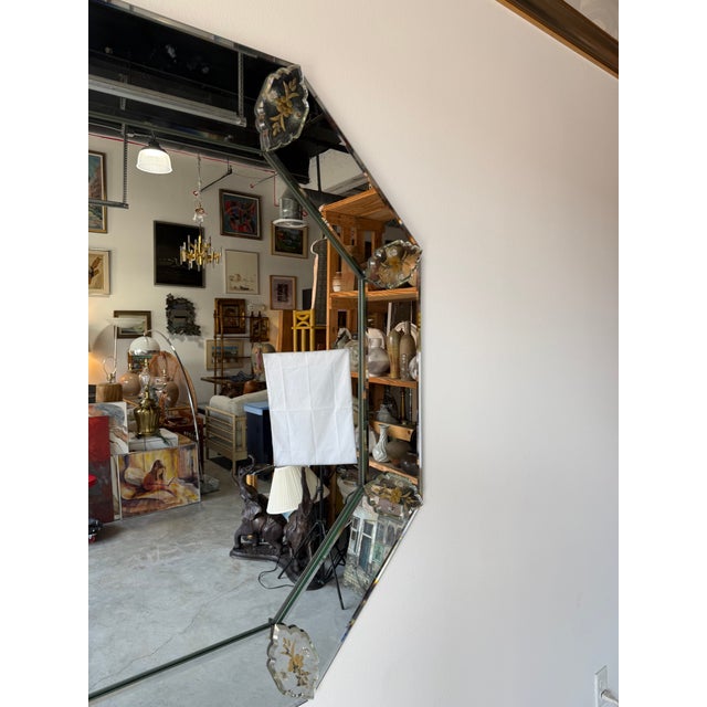 Vintage Italian Venetian Style Octagonal Beveled Glass Wall Mirror With Etched Floral Accents For Sale - Image 4 of 17