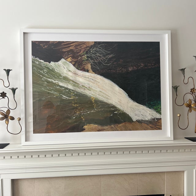 Large Scale Framed Abstract Landscape Pastel Painting of a Waterfall Unsigned