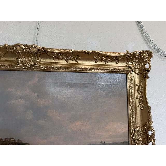 Antique 1881 Signed European Coastal Seascape Oil Painting Harbor Landscape - Signed For Sale In Jacksonville, FL - Image 6 of 15