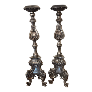 Antique Italian Style Silvered Bronze Candlesticks - a Pair