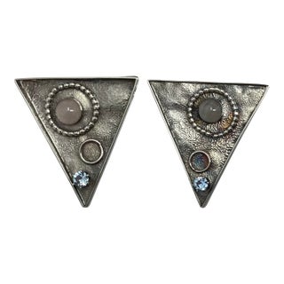 Late 20th Century Pair of Lynda Thorp Abstract Modernist Earrings, Sterling, Mixed Metal, Moonstone, and Blue Cz Stone For Sale