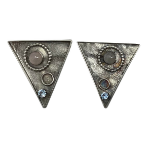 Late 20th Century Pair of Lynda Thorp Abstract Modernist Earrings, Sterling, Mixed Metal, Moonstone, and Blue Cz Stone