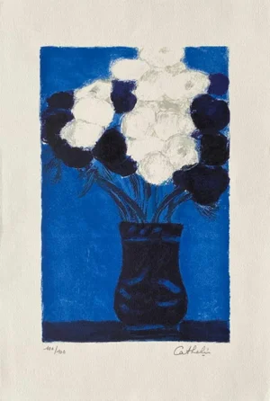1995 Bernard Cathelin Anémones Bleues Et Blanches Lithograph