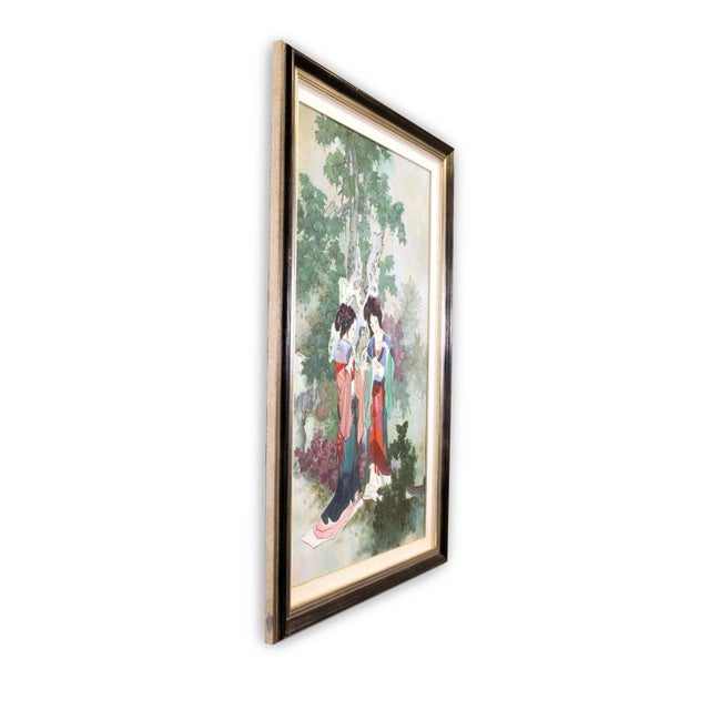 A contemporary figurative Asian acrylic painting on canvas titled “Viewing Flowers” by Chinese artist Hua Sanchuan. Hua...