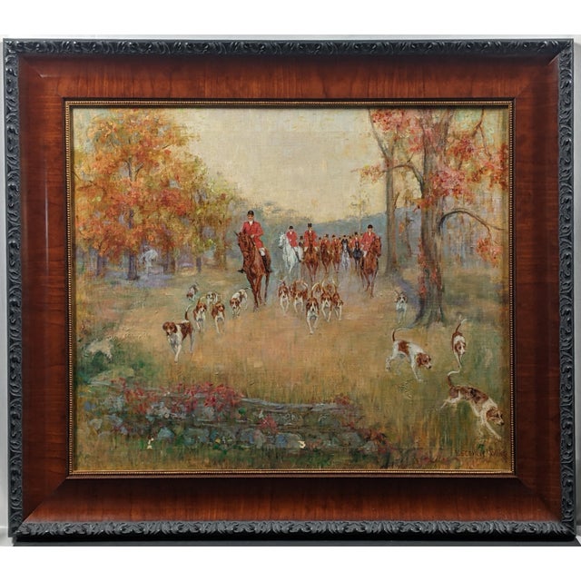 English Mid 20th Century V. Scoville Wing Original Equestrian Hunt Oil Painting, Red Coats, Autumn Golds, Ralph Lauren Style For Sale - Image 3 of 18