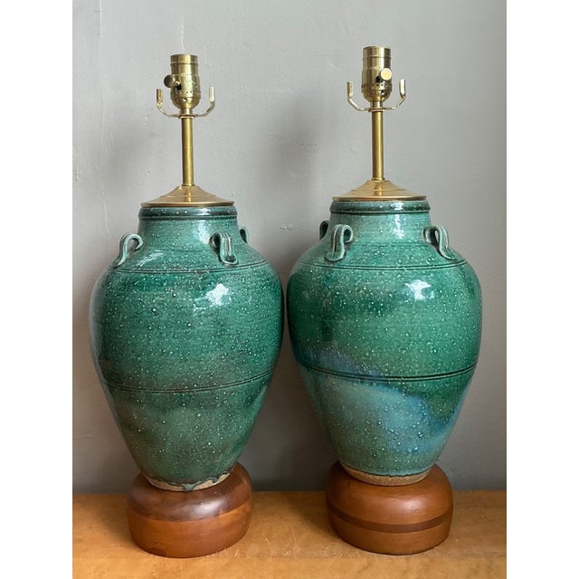 Wood Vintage Green Glazed Ceramic Table Lamps - Pair For Sale - Image 7 of 12