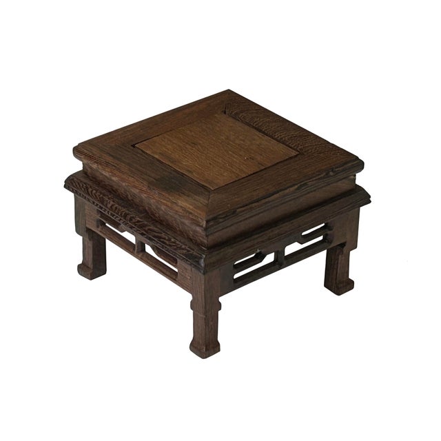 Asian 4.75" Light Brown Feather Pattern Square Wood Display Stand Riser For Sale - Image 3 of 6