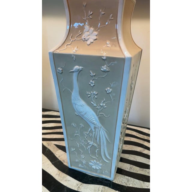 Large Cream Ceramic Table Lamps with Relief Peacocks and Fabric Shades, Set of 2 For Sale - Image 15 of 16