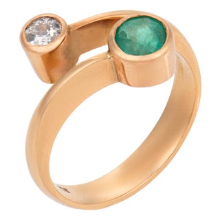 Vintage Old European Cut Diamond Emerald 18k Rose Gold Toi Et Moi Ring, Size 5.5 For Sale