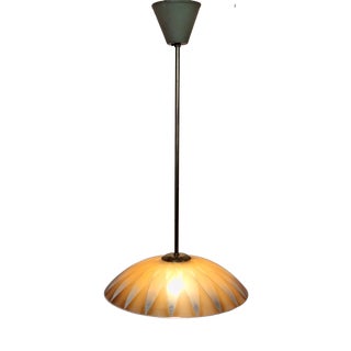 Vintage Pendant Lamp with Beige-Brown Patterned Glass Shade on Brass Mount, 1970s For Sale